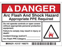 Arc Flash Labels - Adhesive Vinyl, 3.5" H x 5" W x 0.004" D, Roll of 100 Labels, Black/Red/White on White