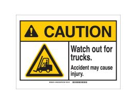 CAUTION Watch Out For Trucks. Accident May Cause Injury. Sign, 7" H x 10" W x 0.035" D, Aluminum