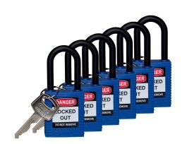 Standard Key Retaining Lockout Nylon Padlock 1.5 in Nylon Shackle KA Blue 6PK