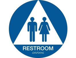 Restroom Sign, 12" Dia, Plastic, White on Blue