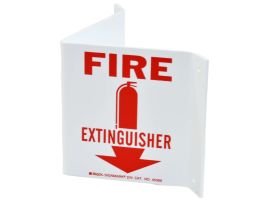 V Fire Extinguisher Sign, 8" H x 14.5" W x 0.1" D, Red on White, Plastic
