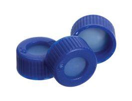 Short Thread Cap, 9mm, Open Blue Polypropylene, Dark Blue Silicone/White PTFE Septa; 1000/pk
