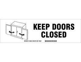 KEEP DOORS CLOSED Label, Black on White, 3.5" H x 12" W x 0.006" D