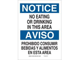 Bilingual NOTICE No Eating Or Drinking In This Area Sign, 14" H x 25.4" W x 0.035" D, Aluminum