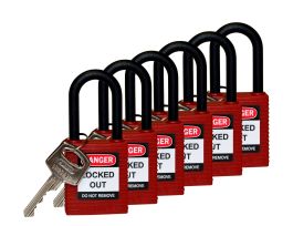 Standard Key Retaining Lockout Nylon Padlock 1.5 in Nylon Shackle KD Red 6PK