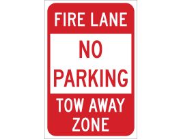 No Parking Fire Lane/Tow Away Zone Sign, 18" H x 12" W x 0.090" D, Red on White