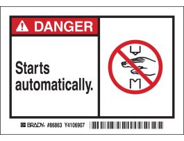DANGER Starts automatically. Labels, 3.5" H x 5" W x 0.006" D, Black/Red on White