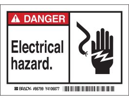 DANGER ELECTRIC HAZARD. Labels, 3.5" H x 5" W x 0.006" D, Black/Red on White
