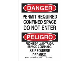 Bilingual DANGER Permit Required Confined Space Do Not Enter Sign, 14" H x 10" W x 0.035" D, Aluminum