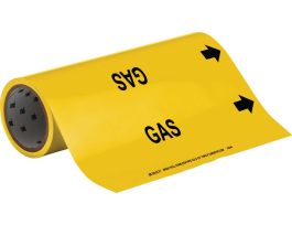 Roll Form Pipe Marker: GAS, 30' H x 12" W, Roll of 30', Fits Pipes, 2.5" Dia. Thru 6" Dia.