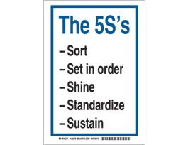 The 5S's Sort Set In Order Shine Standardize Sustain Sign, 10" H x 7" W x 0.06" D, Polystyrene