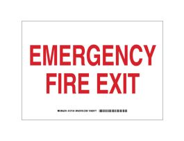Emergency Fire Exit Sign, 10" H x 14" W x 0.035" D, Red on White, Aluminum