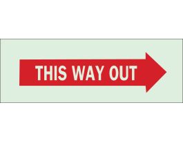 BradyGlo This Way Out Sign, Red on Glow, 3.5" H x 10" W x 0.063" D