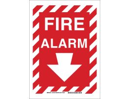 Fire Alarm Sign, 10" H x 7" W x 0.035" D, White on Red, Aluminum