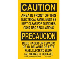 Bilingual CAUTION Area In Front Of This Electrical Panel Must Be Kept Clear For 36" Sign, 14" H x 10" W x 0.035" D, Aluminum