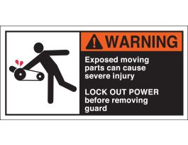 EXPOSED MOVING PARTS CAN CAUSE SEVERE INJURY Labels, 2.5" H x 5" W x 0.006" D