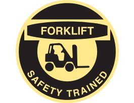 FORKLIFT SAFETY TRAINED Hard Hat Labels, 2" Dia x 0.004 in D, Card of 4 Labels, Black on Yellow