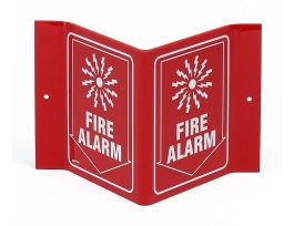 V FIRE ALARM Sign, 6" H x 9" W x 4" D, White on Red