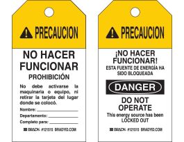 Lockout Tagout Tag PRECAUCION Heavy Duty Polyester 5.75x3 BK/YL/WH 25PK