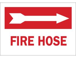Fire Hose Sign, 10" H x 14" W x 0.006" D, Red on White, Polyester, Arrow Direction: Right