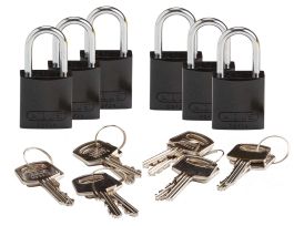 Compact Key Retaining Lockout Aluminum Padlock 1in Aluminum Shackle KD Black 6PK
