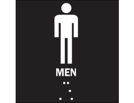 Braille ADA Men Sign, 8" H x 8" W, White on Black, Plastic