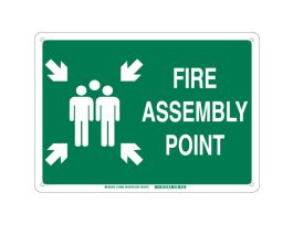 Fire Assembly Point Sign, 10" H x 14" W x 0.1" D, Green on White, Fiberglass, Symbol and Text