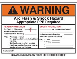 Arc Flash Labels, PPE Category 2* - Adhesive Vinyl, 5" H x 7" W x 0.004" D, Pack of 5 Labels, Black/Orange on White