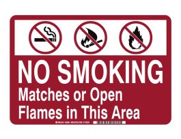 No Smoking Matches Or Open Flames In This Area Sign, 10" H x 14" W x 0.035" D, Aluminum