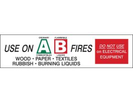 USE ON A: ORDINARY COMBUSTIBLES B:FLAMMABLE LIQUIDS FIRES WOOD PAPER TEXTILES RUBBISH… Labels, 1.5" H x 6" W x 0.004" D, Black/Green/Red on White