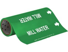 Roll Form Pipe Marker: MILL WATER, 30' H x 12" W x 30' L, Roll of 30', Fits Pipes, 2.5" Dia. Thru 6" Dia.