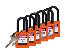 Standard Key Retaining Lockout Nylon Padlock 1.5 in Nylon Shackle KD Orange 6PK