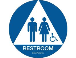 Restroom w/Wheelchair Pictogram Sign, 12" Dia, Plastic, White on Blue