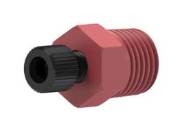 Threaded Adapter with Fitting, Red PEEK, 1/16" ID, 1/4-28 Flat Bottom (F) to 1/4" NPT(M)