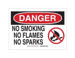 DANGER No Smoking No Flames No Sparks Sign, 7" H x 10" W x 0.035" D, Aluminum