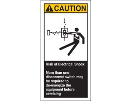 RISK OF ELECTRICAL SHOCK MORE THAN ONE DISCONNECT Labels, 6" H x 3" W x 0.006" D, Black/Yellow on White