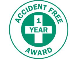 ACCIDENT FREE AWARD 1 YEAR AWARD Hard Hat Labels, 2" Dia, Card of 4 Labels, Green on White