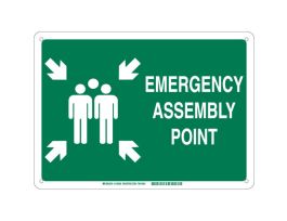 Emergency Assembly Point Sign, 10" H x 14" W x 0.1" D, Green on White, Fiberglass, Pictogram w/Arrows and Text