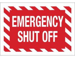 Emergency Shut Off Sign, 7" H x 10" W x 0.006" D, White on Red, Polyester