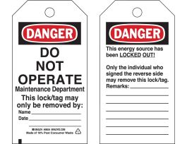 DANGER Do Not Operate Maintenance Department Lockout Tags Polyester 5.75x3 25PK