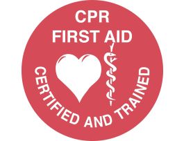 CPR FIRST AID CERTIFIED AND TRAINED Hard Hat Labels, 2" Dia x 0.004 in D, Card of 4 Labels, White on Red