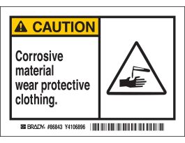 CAUTION Corrosive Material Wear Protective Clothing. Labels, 3.5" H x 5" W x 0.006" D, Black/Yellow on White