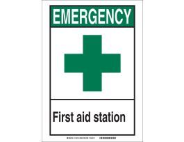 EMERGENCY First Aid Station Sign, 10" H x 7" W x 0.006" D, Polyester