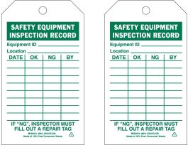 Tag SAFETY EQUIPMENT INSPECTION RECORD Paper 7x4 Green on White 100/PK