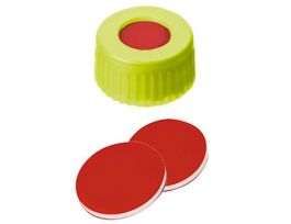 Short Thread Cap, 9mm, Open Yellow Polypropylene, Red PTFE/Silicone/PTFE Septa; 1000/pk