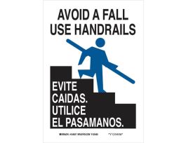 Bilingual Avoid A Fall Use Handrails Sign, 14" H x 10" W x 0.035" D, Aluminum