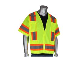 Class 3 Solid/Mesh Vest, Zipper, 6 Pockets, Mic Tab, Two Tone Tape, OR, 3X