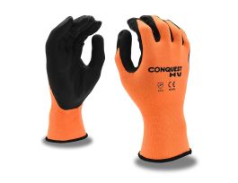 CONQUEST® HV, PREMIUM, HI-VIS ORANGE NYLON/SPANDEX SHELL, BLACK FOAM NITRILE/PU PALM COATING