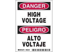 DANGER/PELIGRO HIGH VOLTAGE/ALTO VOLTAJE Labels, 5" H x 3.5" W x 0.006" D, Black/Red on White