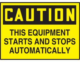 Safety Label, 3.5" x 5", CAUTION THIS EQUIPMENT STARTS AND S, ADHESIVE VINYL, 5/PK